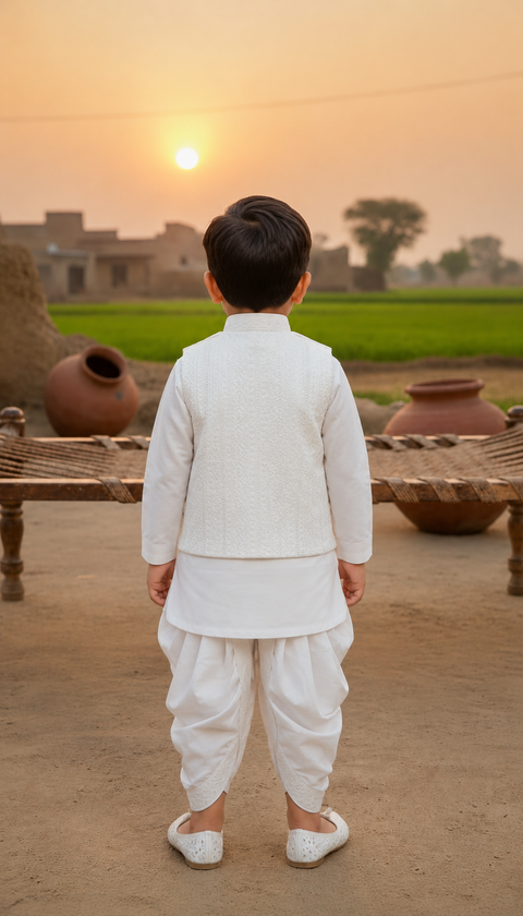 Premium White Dhoti Kurta With Waistcoat
