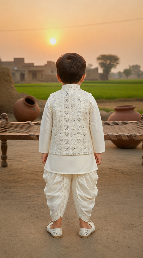 Bloom Embroidery Dhoti Kurta With Waistcoat