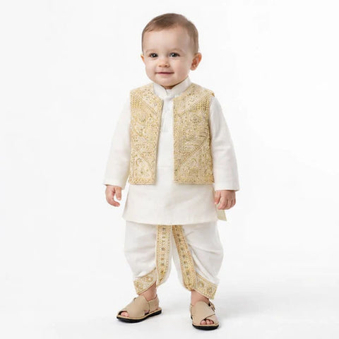 Premium Gold Dhoti Kurta With Waistcoat