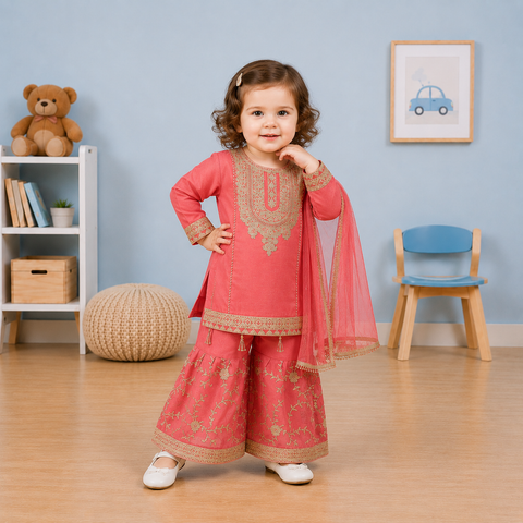 Pink Eid Girl 3 Piece Dress (Premium)
