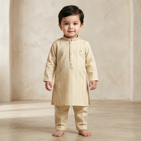 Royal Cream Self Print Kurta Pajama Set