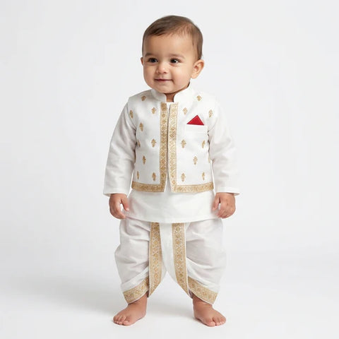 Gold White Dhoti Kurta With Waistcoat